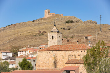 Fototapeta na wymiar church of Santiago and the castle in Santed village, province of Zaragoza, Aragon, Spain