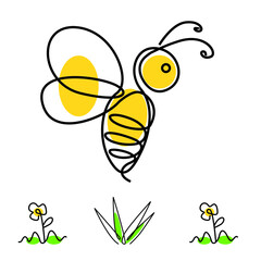 Illustration of minimalist yellow honey bee with flower and grass. One line art. Vector