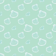 beautiful seashell vector seamless pattern white seashells on turquoise background fan. Oyster marine pattern. Design for fabrics, textiles, packaging, paper. Concept of under water ocean