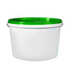 White plastic bucket isolated on white background. White plastic bucket without label with green lid. Mockup of label, brand and packaging design.