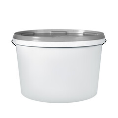 White plastic bucket isolated on white background. White plastic bucket without label with gray lid. Mockup of label, brand and packaging design.