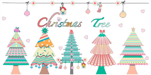 Cute Christmas tree doodle design in pastel tones for card, background, t-shirt pattern, digital print, christmas tree decoration, mug, celebration, kids art, fabric print and so on