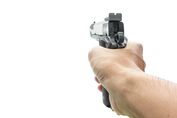 Hand holding pistol handgun isolated on white background
