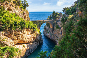 Furore Fjord and bridge, Amalfi Coast, Salerno, Italy - 439001359