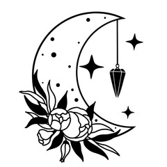 Magic moon with stars, pendulum and flowers on white background.