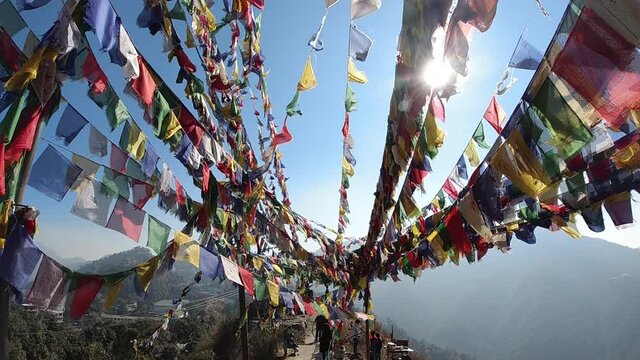 Tibetan Peace Flags Flying On A Hill Top In Dalai Hills Mussoorie India