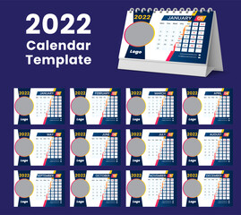 Desk Calendar 2022 Template, Week starts Sunday, Stationery design, flyer design vector, printing media creative idea design, Set of 12 Months 