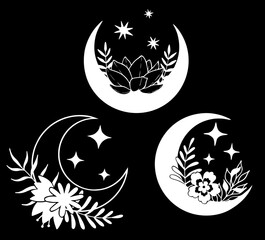 Set of magic white moons with stars and flowers on black background.