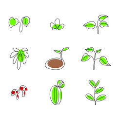 Bundle illustration of cute green plants and leaf in minimalist style