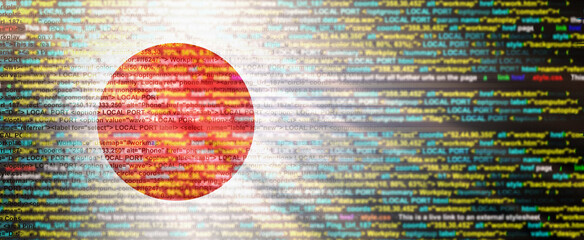 Creative (Japan) flag banner of Binary Code ,modern technology and site development, 3D illustration.