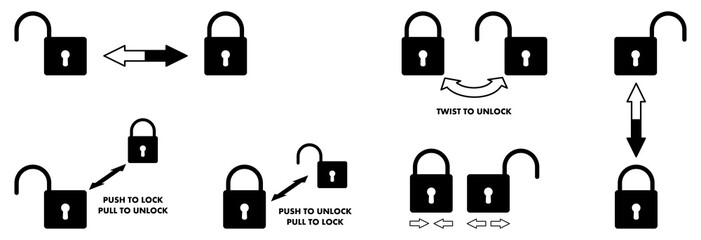 Set of simple lock or unlock padlock icons, arrows in different directions