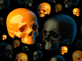 Abstract composition with flying sculpted orange and black plastic skulls without lower jaws isolated on black background. 3d illustration