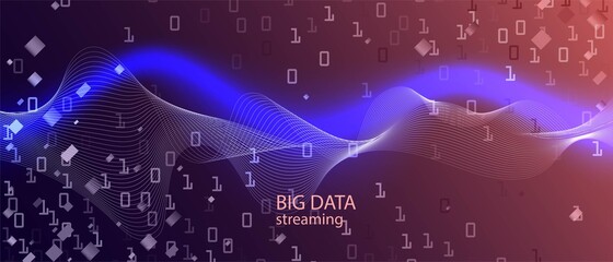 Equalizer Music Vector Wallpaper. Cyber Equalizer Slide. Pink Purple Blue Background. Fractal Liquid Data Matrix Falling Binary