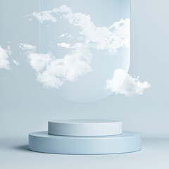 Abstract mockup podium for product presentation, blue background with clouds, 3d render, 3d illustration.