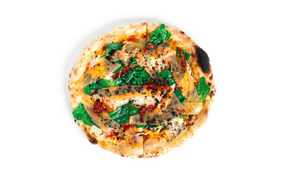 Caesar pizza with salmon, mozzarella and basil isolated on a white background.
