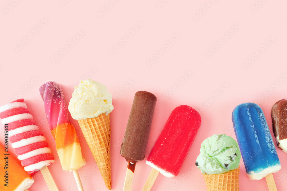 Poster collection of colorful summer frozen desserts. top view bottom border on a pink background. copy spa