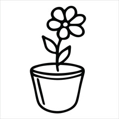 Flower in pot outline vector icon. Coloring book page for children. Vector illustration isolated on white.