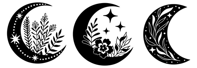 Set of magic black moons with stars and flowers on white background.