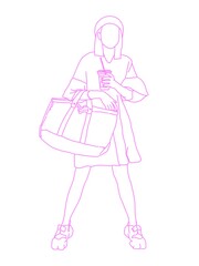 Freehand sketch woman holding coffee cup and handbag  , portrait woman ideas concept on isolated background.