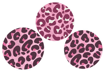Round abstract key- chain design with pink leopard safari print. Sublimation set ready to print on white background