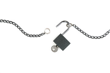 unlocked padlock with chain on white background with copy space