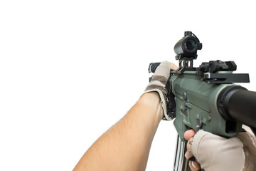 POV of M4 rifle weapon shooting gun with red dot isolated on white background - obrazy, fototapety, plakaty