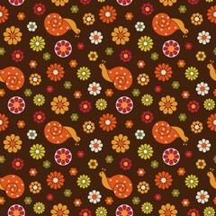 retro snails and flowers seamless pattern