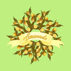 Round wreath of lemon branches with a ribbon. For the lemonade label, summer designs, fresh design.