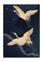 Magical nightly dark blue cards. Cranes flying in the sky with sparkling stars and air clouds. Invitation to a holiday, decoration of fairy tales, covers, prints, fabrics. Fairy banner