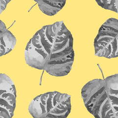 Grey autumn leaves watercolor isolated on yellow backgrouns seamless pattern for all prints.