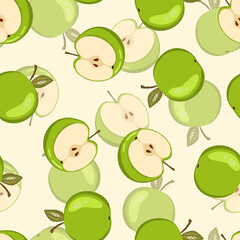 Seamless pattern with apple on white background. Natural delicious fresh tasty fruit. Vector illustration for print, fabric, textile, banner, other design. Stylized apples with leaves. Food concept