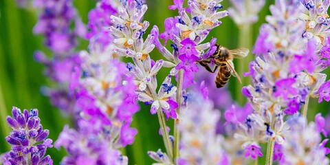 Honey bees collecting pollen from purple Lavender. Brihuega, Guadalajara, Castilla - La Mancha, Spain, Europe