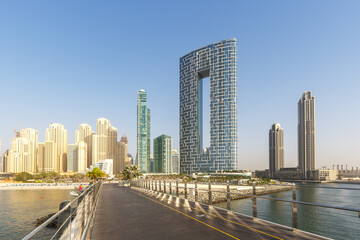 Fototapeta na wymiar Dubai Jumeirah Beach JBR Marina skyline architecture buildings travel vacation in United Arab Emirates