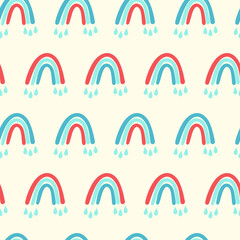 Trendy seamless pattern with colorful rainbow on color background. Design for invitation, poster, card, fabric, textile, fabric. Cute holiday illustration for baby. Doodle style