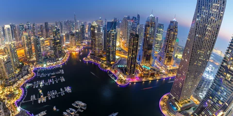 Küchenrückwand glas motiv Dubai Marina skyline architecture buildings travel overview at night twilight from above panorama in United Arab Emirates © Markus Mainka