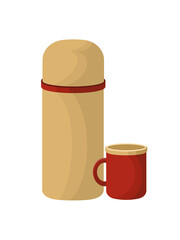 Beige thermos and red mug. Vector illustration in flat style, icon, isolated on a white background.