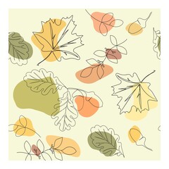 Abstract background of continuous lines of leaves, branches, acorns and painted spots on a pastel background. Design for fabric, page, cover, wallpaper. Seamless vector pattern.