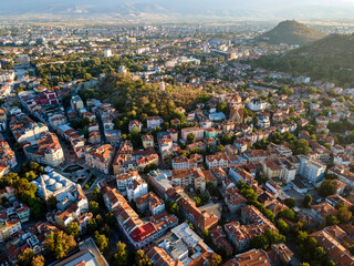 Obraz premium Aerial sunset view of City of Plovdiv, Bulgaria