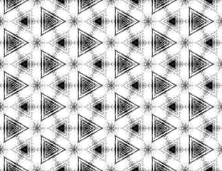 Seamless absract black and white textured pattern with kaleidoscope effect. Symmetric geometric ornament for digital paper, textile printing, wallpaper background design. Vector illustration.