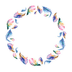 Wreath of feathers painted with watercolors on white background.
Wedding decorative wreath of colored feathers. Colorful art prints. Boho style design for Digital Paper, invitation, textile, Clothes