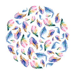 Wreath of feathers painted with watercolors on white background.
Wedding decorative wreath of colored feathers. Colorful art prints. Boho style design for Digital Paper, invitation, textile, Clothes