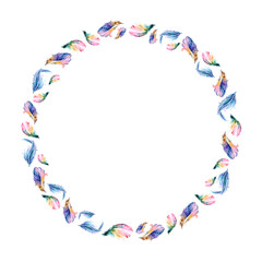 Wreath of feathers painted with watercolors on white background.
Wedding decorative wreath of colored feathers. Colorful art prints. Boho style design for Digital Paper, invitation, textile, Clothes