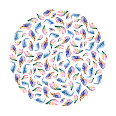 Wreath of feathers painted with watercolors on white background.
Wedding decorative wreath of colored feathers. Colorful art prints. Boho style design for Digital Paper, invitation, textile, Clothes