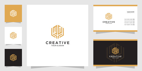 Letter mw hands logo and business card template for real estate, building, agent, architect
