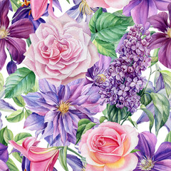 Floral background, seamless patterns of flowers of roses, clematis, lilies and lilacs, painted in watercolor
