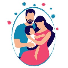 Antiviral protection concept. Immunity from vaccines. Protection against infections. Immunoprophylaxis of pneumonia, seasonal viral diseases, epidemics. Family in an invisible impenetrable bubble