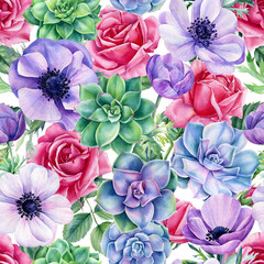Floral background, flowers of roses, succulents and anemones, watercolor seamless patterns, 
