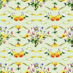 Watercolor painting. Bouquet of flowers and 
 butterfly on a light green background. Seamless floral pattern. 