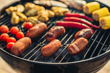 Delicious assorted grilled meat and sausages, with grilled vegetables with smoke and flame outdoors in the park in