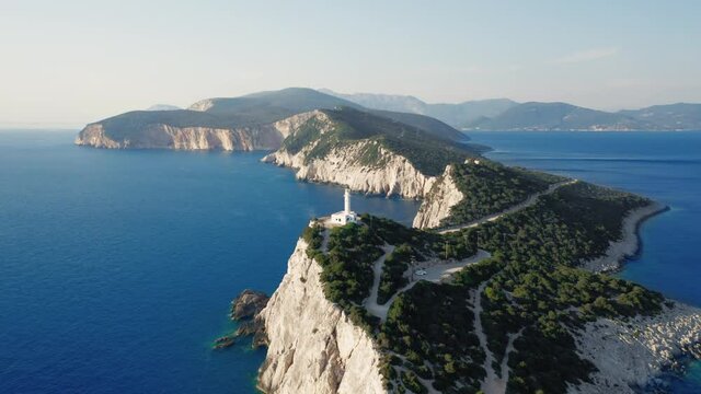 Drone view of famous Greek lighthouse Cape of Ducato on Ionian island of Lefkada.